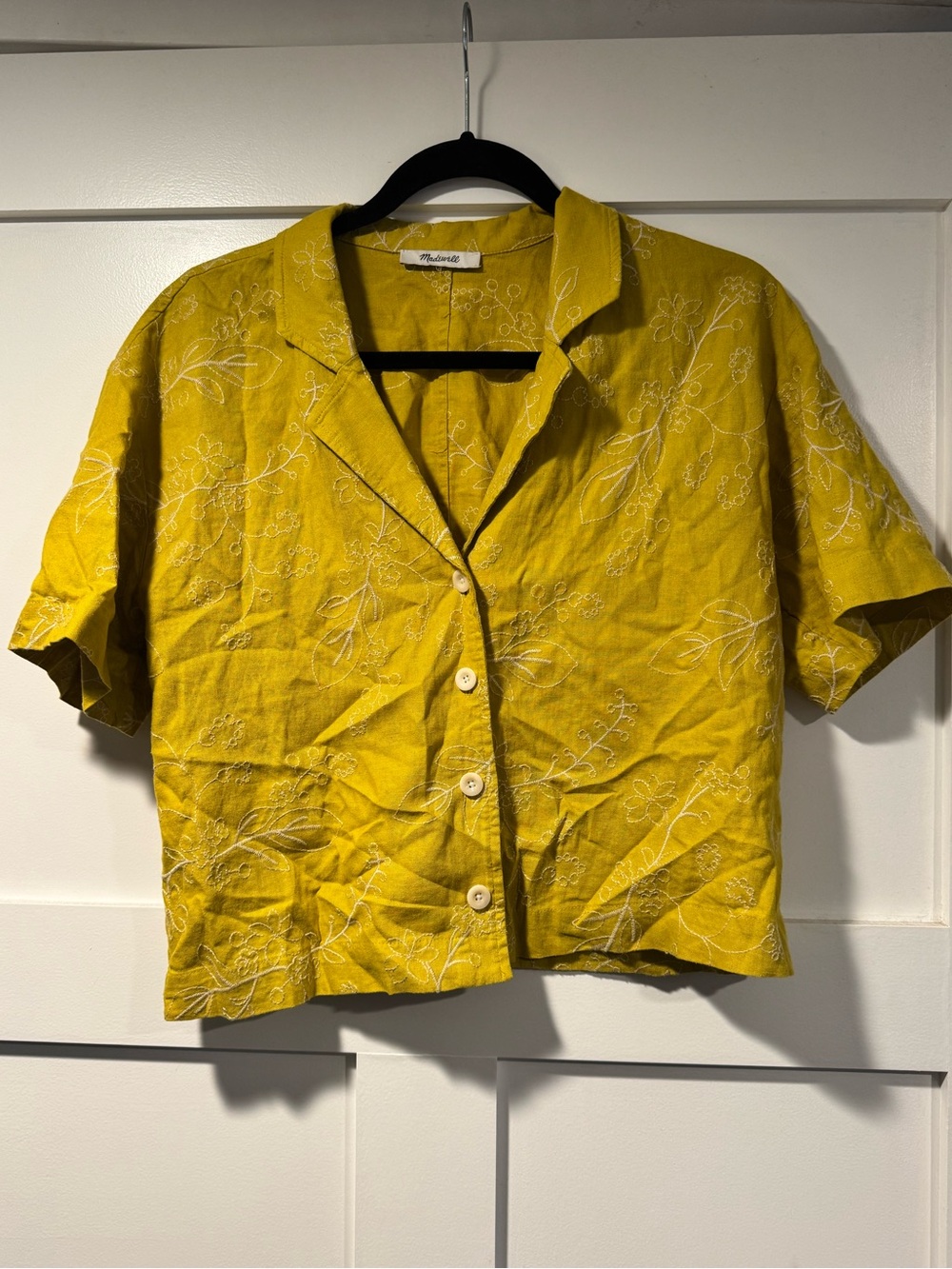 Madewell Floral Button-Front Embroidered Camp Collar Top - Mustard Yellow